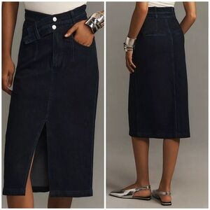 Anthropologie Pilcro Arden Double Waist Denim Midi Pencil Skirt Crossover Sz 6